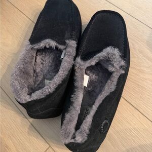 Fireside by Dearform Black Suede Slippers with Gray Fur Lining